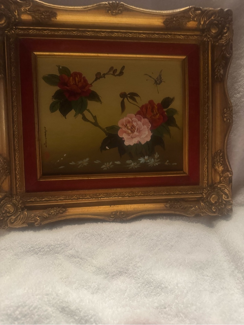 Vintage Asian Inspired Framed Oil painting floral Signed. - Picture 5 of 9